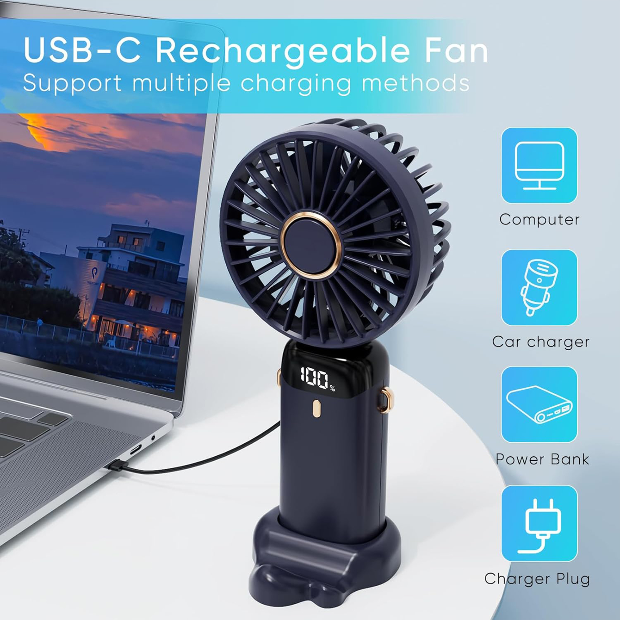 5-in-1 Portable Mini Pocket Fan – USB Rechargeable, 5 Speeds, Silent Folding Handheld Fan & Phone Holder for Travel, Office, Home, Outdoor