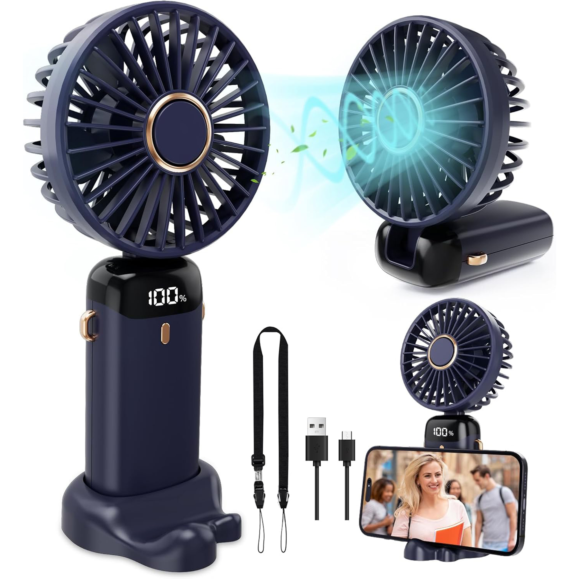 5-in-1 Portable Mini Pocket Fan – USB Rechargeable, 5 Speeds, Silent Folding Handheld Fan & Phone Holder for Travel, Office, Home, Outdoor