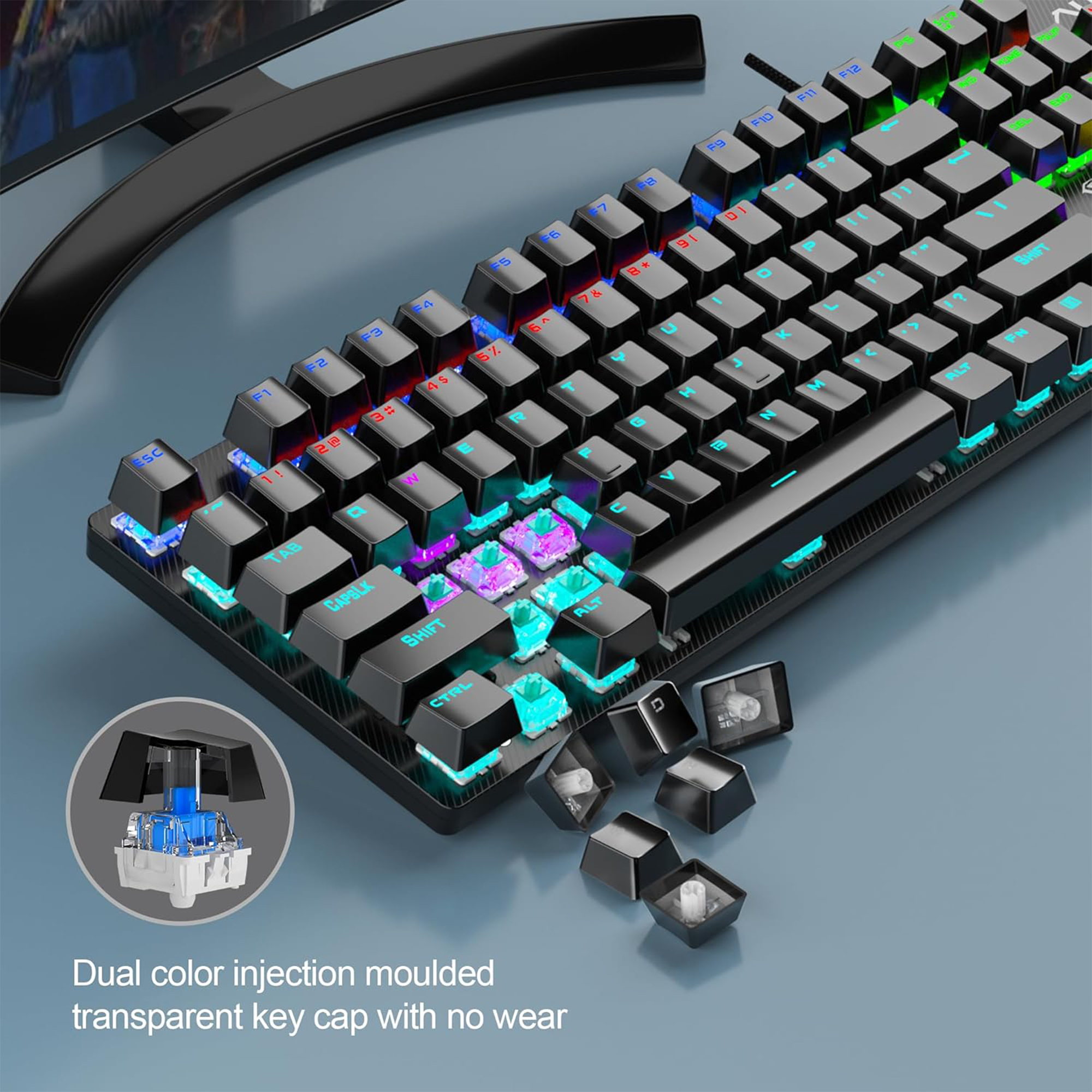 S2022 Mechanical Wired Gaming Keyboard – Rainbow LED Backlit, Num Lock, 4 Backlight Modes, for Windows PC (Black)