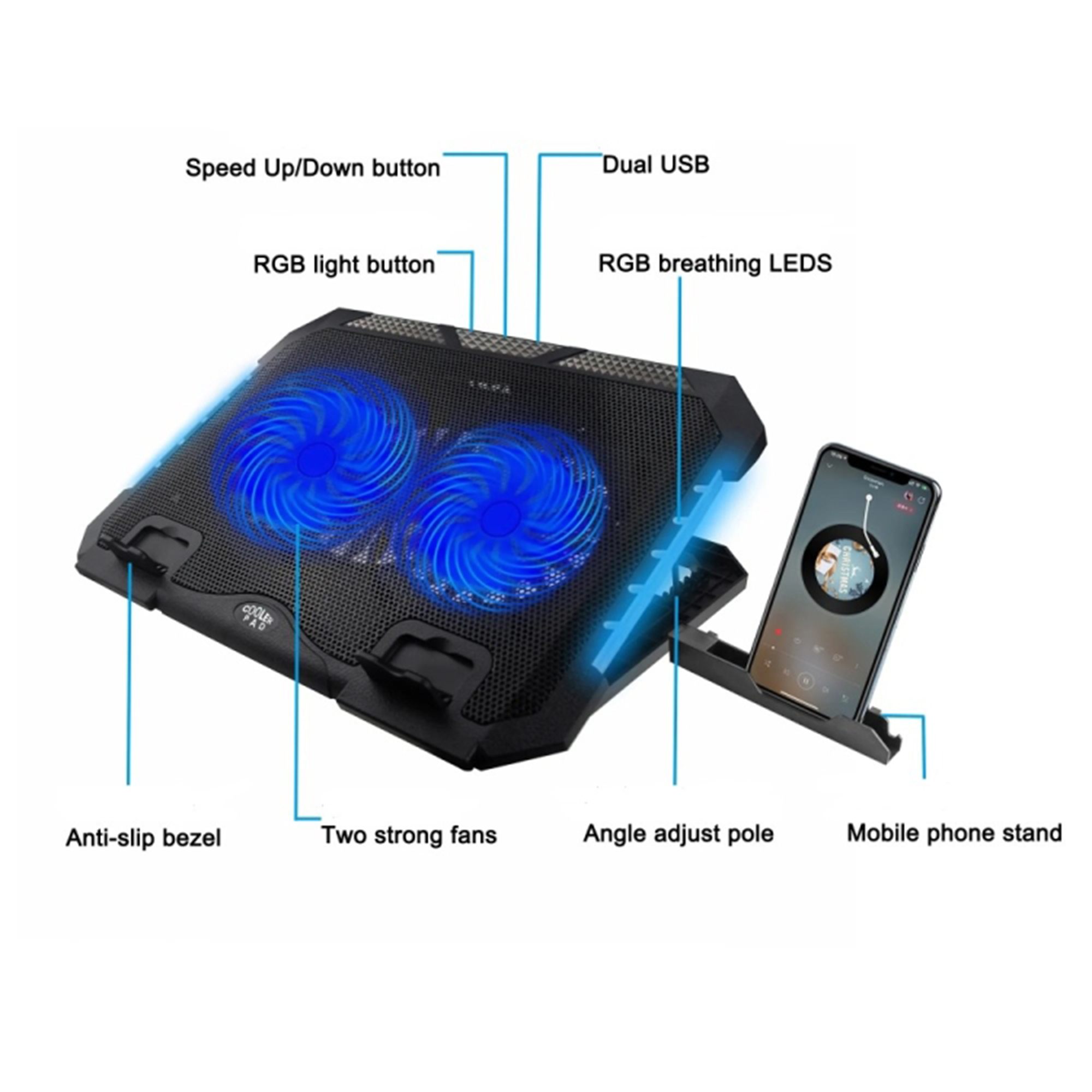X2 Dual Fans USB Laptop Cooling Pad – Gaming Stand with LED Light