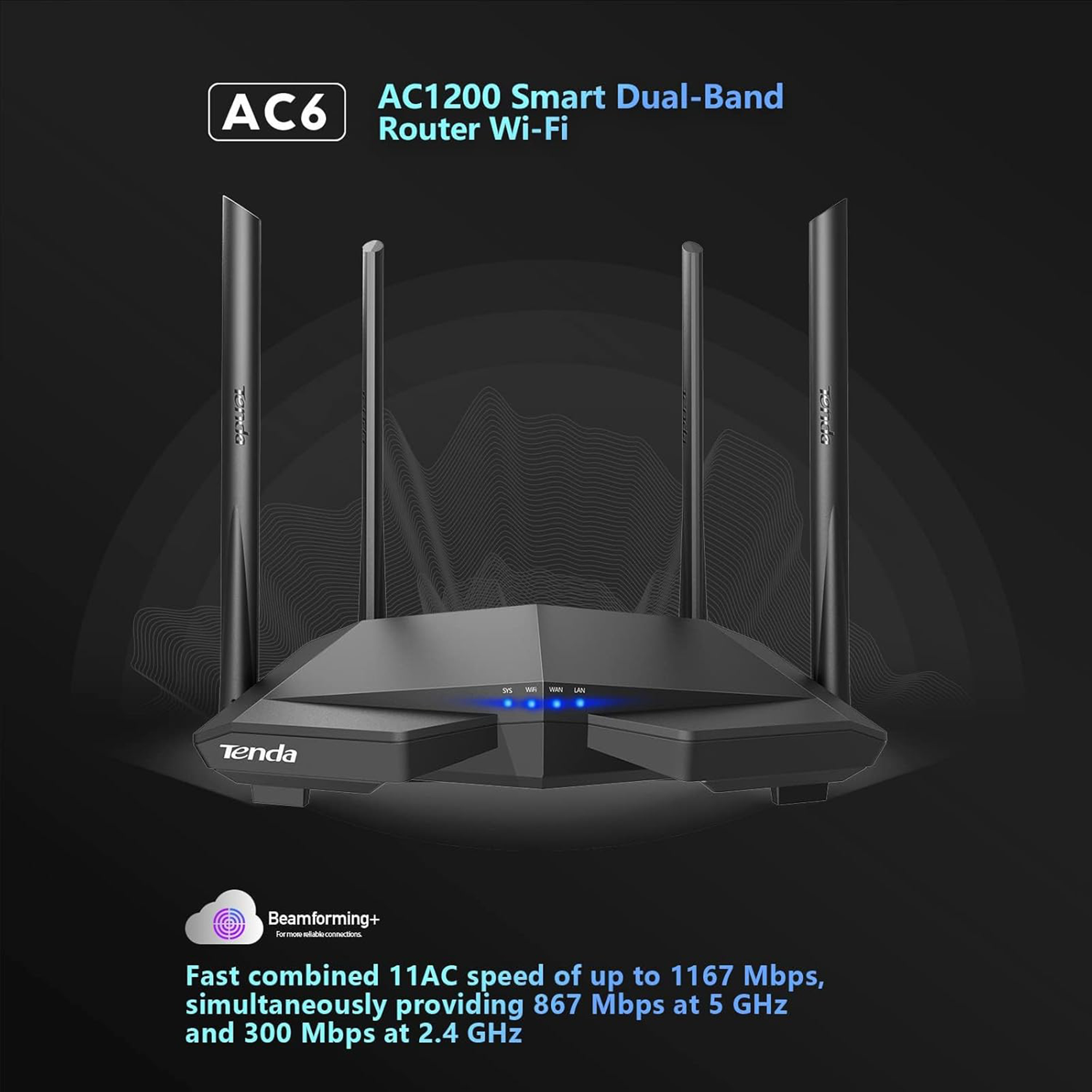 Tenda AC1200 Smart WiFi Router (AC6) – Dual Band, App Control, 4 Ethernet Ports