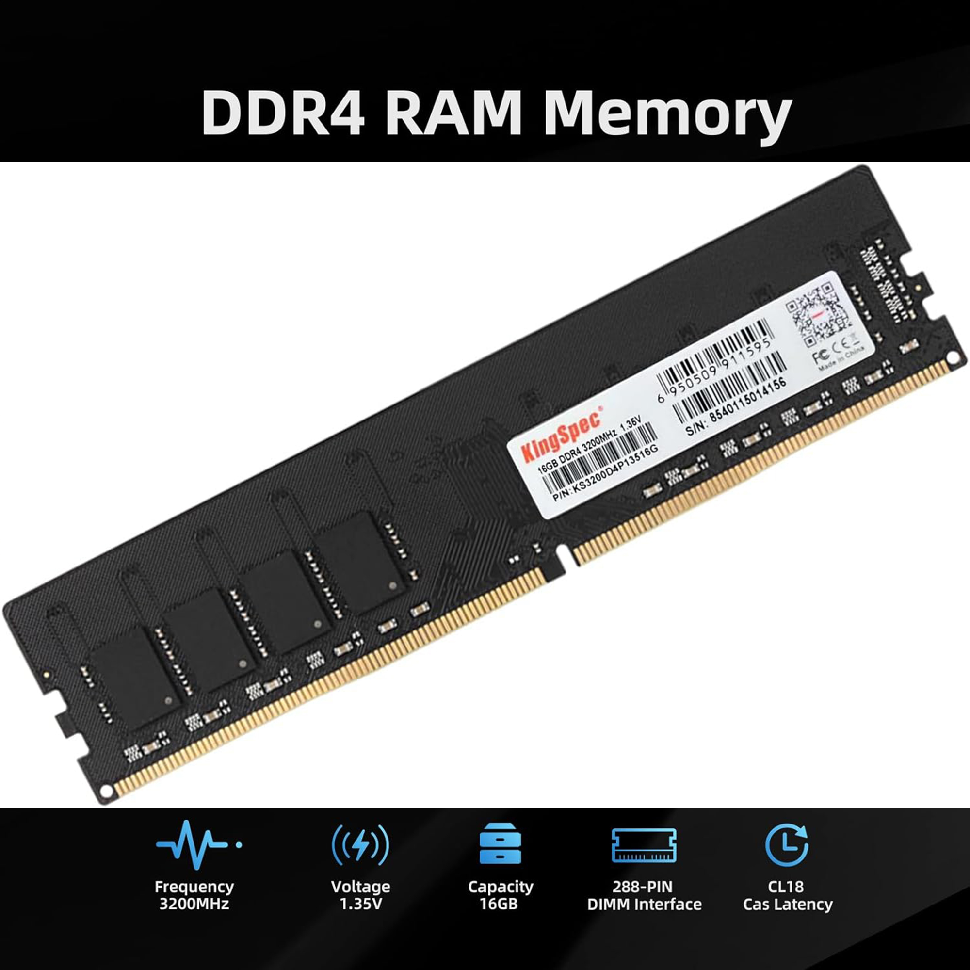 KingSpec 16GB DDR4 RAM 3200MHz for Desktop – CL18, 288-Pin DIMM, 1.35V Standard Version, Compatible with Intel/AMD PCs