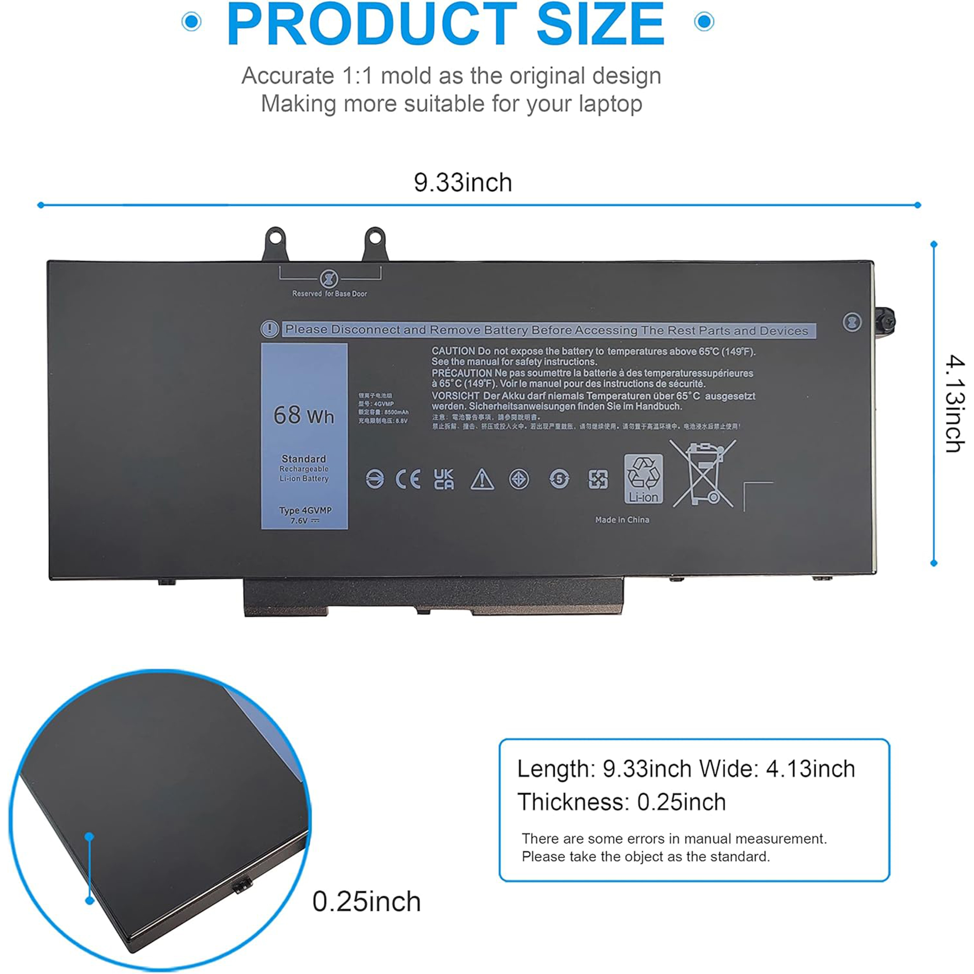68Wh 4GVMP Replacement Laptop Battery for Dell Latitude 5500 / 5400 / Precision 3540 / Inspiron 7590 / 7591 / 7791